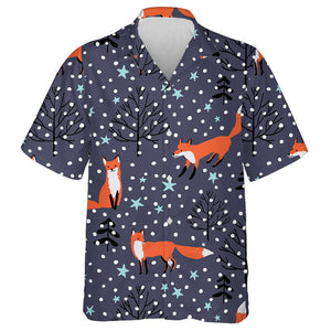 Foxes In The Woodland Stars Snow On The Black Background Hawaiian Shirt, Hawaiian Shirt Gift, Christmas Gift