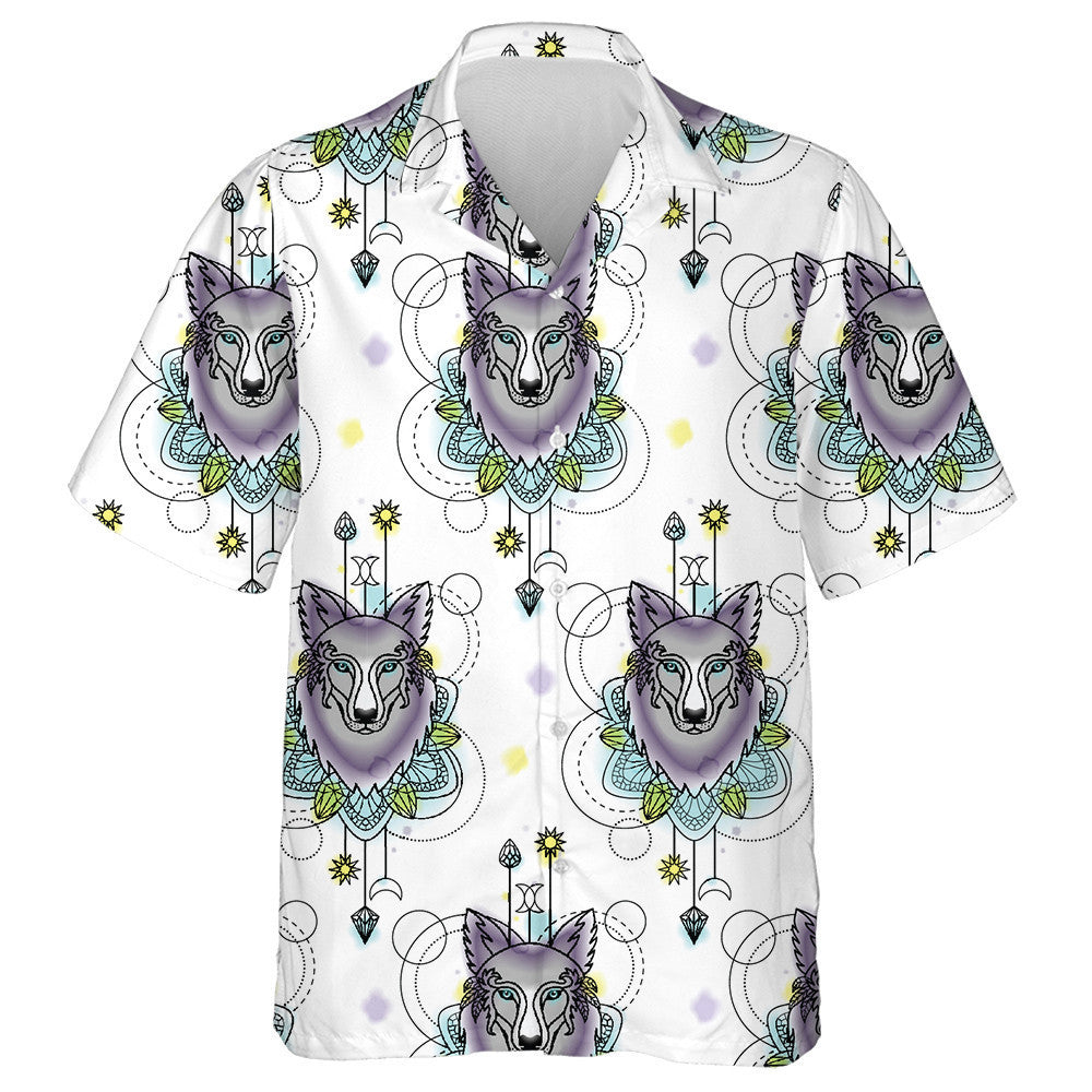 Characters Wolf And Geometric Elements On White Hawaiian Shirt, Hawaiian Shirt Gift, Christmas Gift