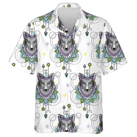 Characters Wolf And Geometric Elements On White Hawaiian Shirt, Hawaiian Shirt Gift, Christmas Gift
