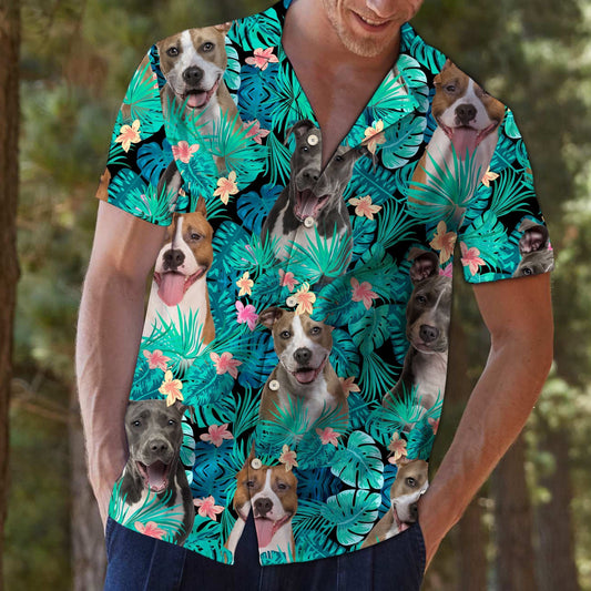 American Staffordshire Terrier With Plumeria And Leaves Hawaiian Shirt, Hawaiian Shirt Gift, Christmas Gift