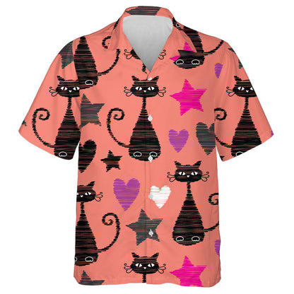 Black Cat With Star And Heart On Orange Hawaiian Shirt, Hawaiian Shirt Gift, Christmas Gift