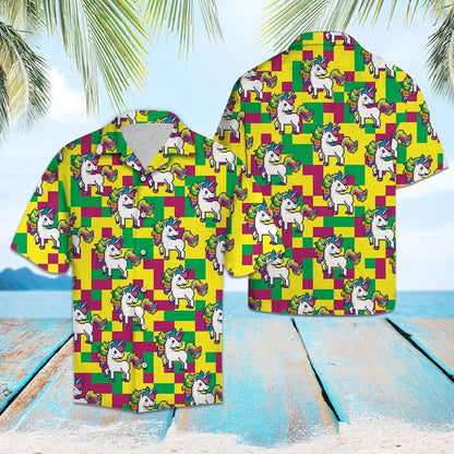 Cartoon Lovely Unicorn On Colorful Lego Pattern Hawaiian Shirt, Hawaiian Shirt Gift, Christmas Gift