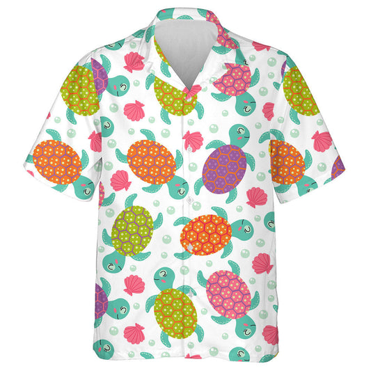 Colorful Turtles Seashells And Pearls On White Hawaiian Shirt, Hawaiian Shirt Gift, Christmas Gift