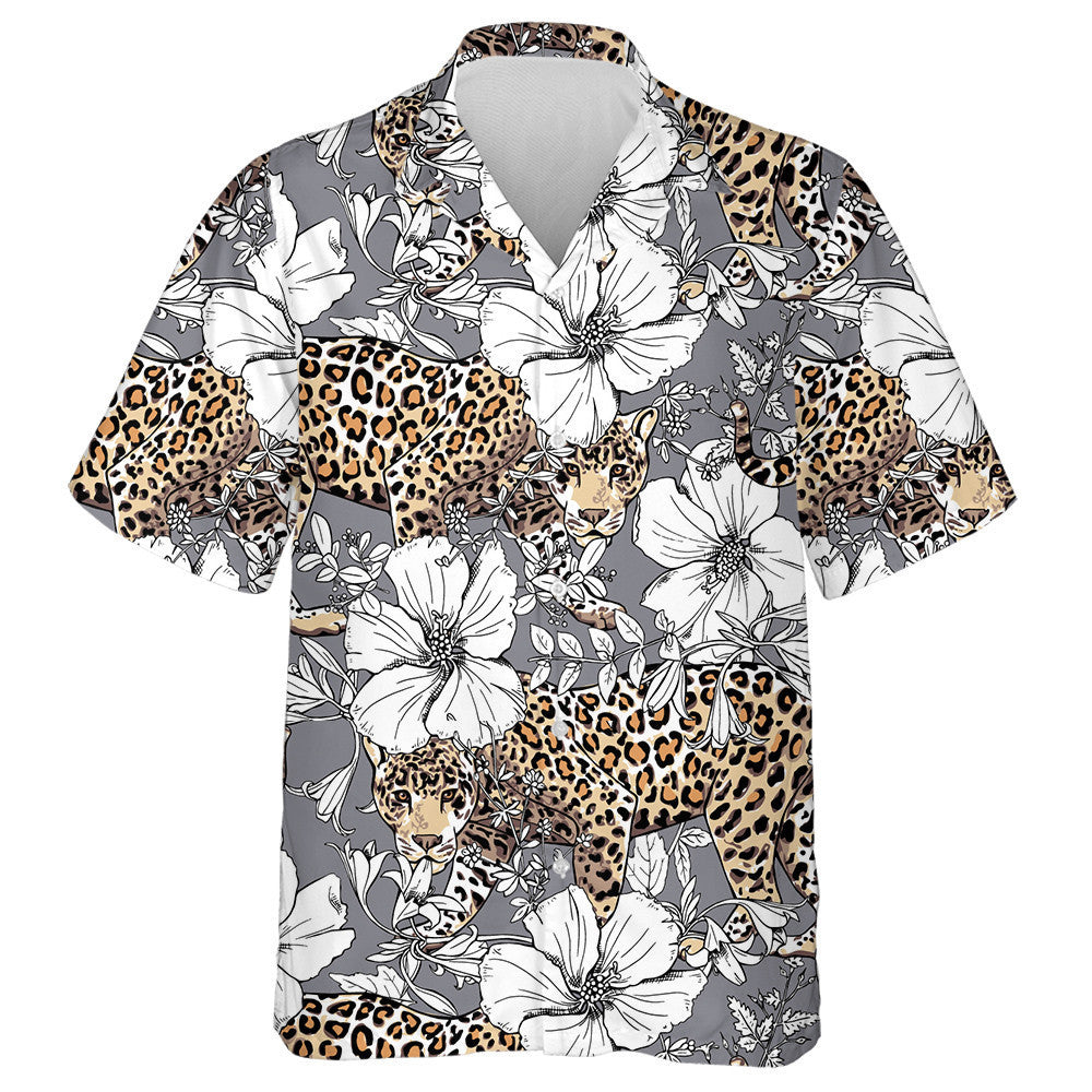 Gold Leopard And White Hibiscus Flowers Hawaiian Shirt,Hawaiian Shirt Gift, Christmas Gift
