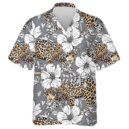 Gold Leopard And White Hibiscus Flowers Hawaiian Shirt,Hawaiian Shirt Gift, Christmas Gift