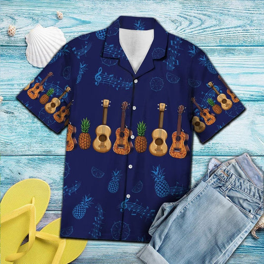 Ukulele With Pineapple Summer On Beach Hawaiian Shirt, Hwaiian For Gift