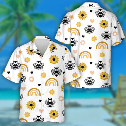 Funny Bees Sunflowers And Rainbows Pattern Hawaiian Shirt,Hawaiian Shirt Gift, Christmas Gift