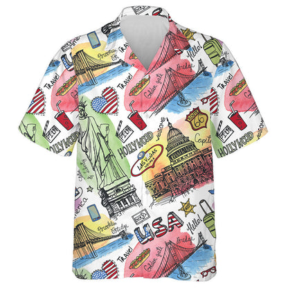 Watercolor New York Symbols Doodle Art Hawaiian Shirt, Hwaiian For Gift