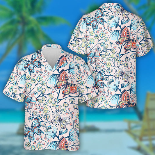 Theme Colorful Butterflies With Vintage Flowers Hawaiian Shirt,Hawaiian Shirt Gift, Christmas Gift