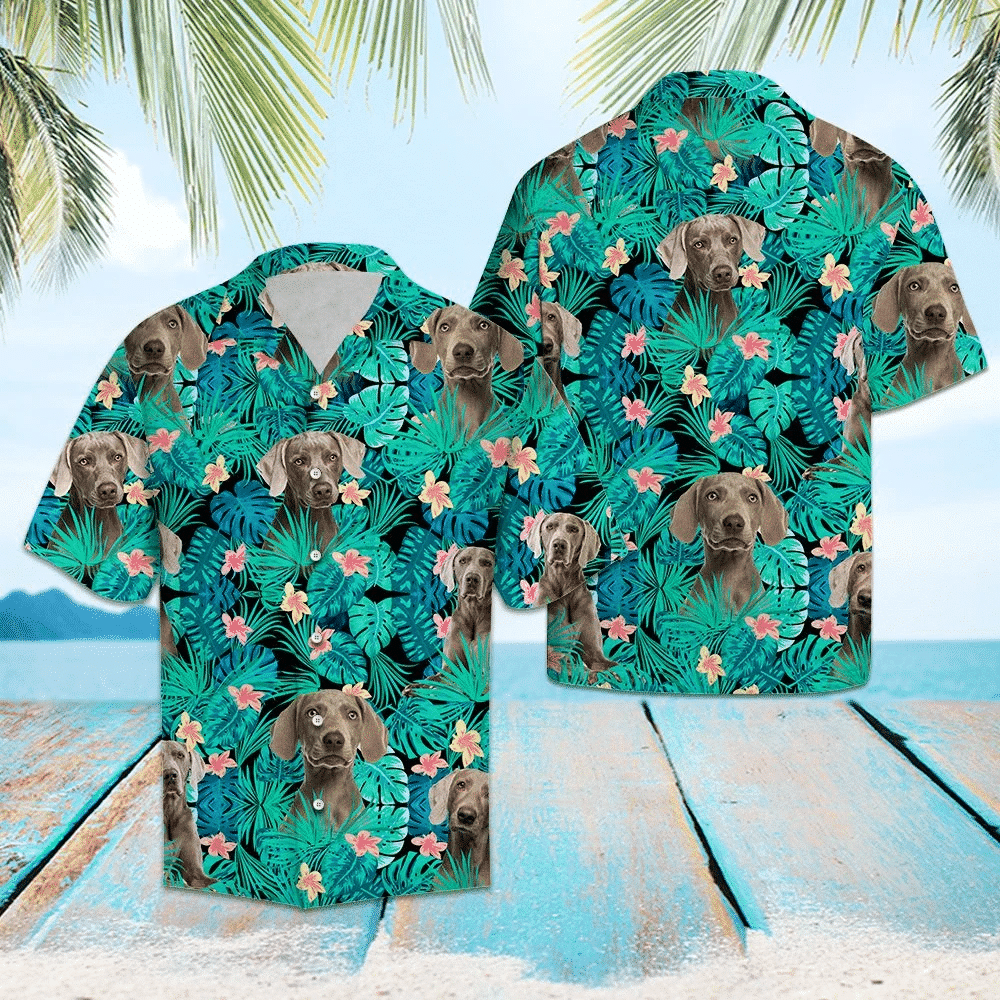 Weimaraner Tropical Flower Pattern Turquoise Theme Hawaiian Shirt, Hawaiian Shirt Gift, Christmas Gift