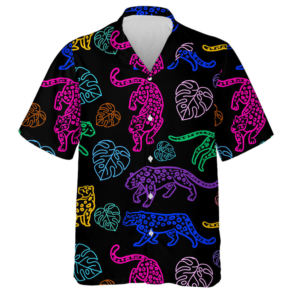 Neon Cute Leopards And Monstera Leaves Hawaiian Shirt, Hawaiian Shirt Gift, Christmas Gift
