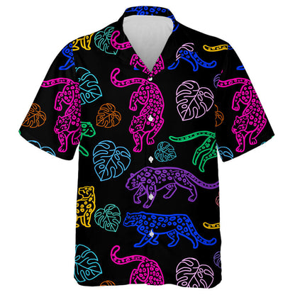 Neon Cute Leopards And Monstera Leaves Hawaiian Shirt, Hawaiian Shirt Gift, Christmas Gift