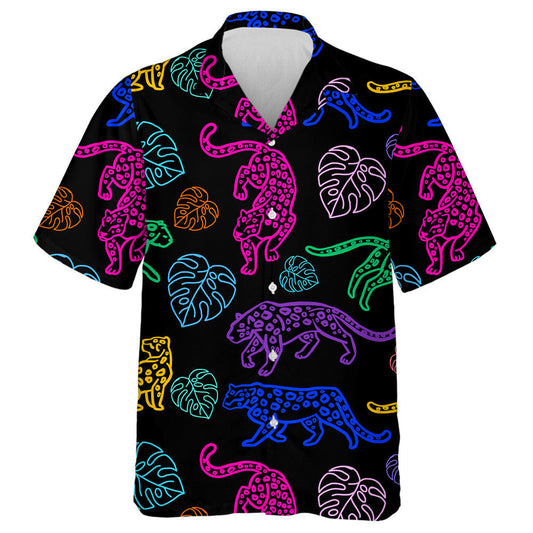 Neon Cute Leopards And Monstera Leaves Hawaiian Shirt, Hawaiian Shirt Gift, Christmas Gift