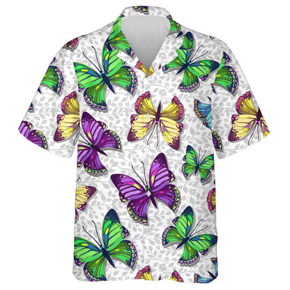 Hand Drawn Colorful Butterflies On White Hawaiian Shirt, Hawaiian For Gift