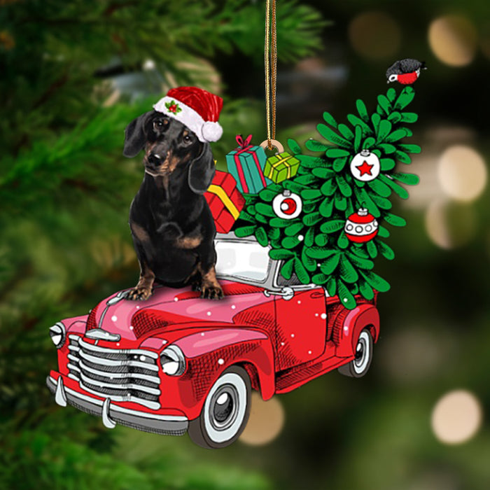 BLACK Dachshund-Pine Truck Hanging Christmas Plastic Hanging Ornament, Christmas Ornament Gift, Christmas Gift, Christmas Decoration