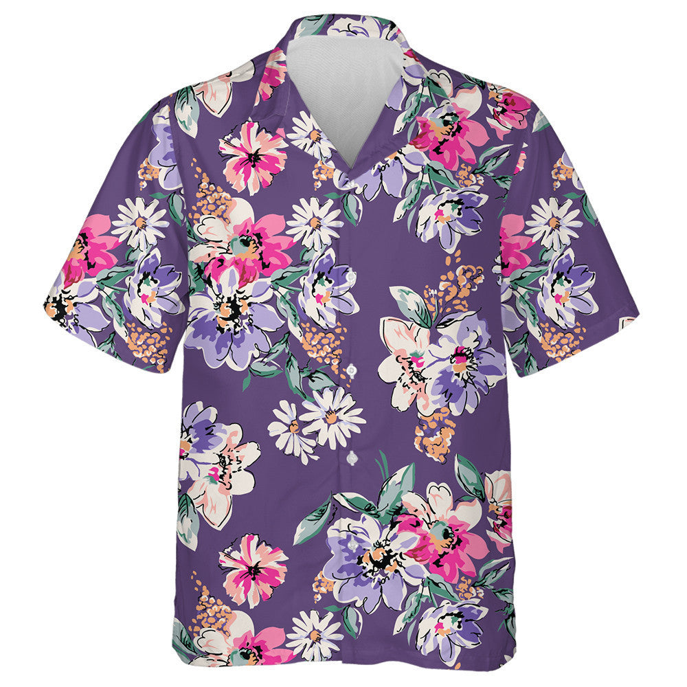 Watercolor Colorful Flowers Bouquet On Purple Background Hawaiian Shirt, Hawaiian Shirt Gift, Christmas Gift