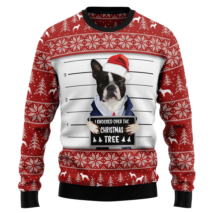 I Knocked Over The Christmas Tree Boston Terrier Ugly Sweater, Christmas Ugly Sweater