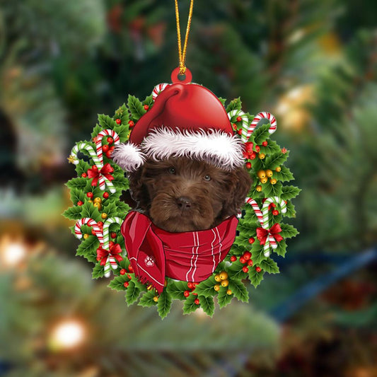 CHOCOLATE Labradoodle-Xmas Bandana Hanging Christmas Plastic Hanging Ornament, Christmas Gift, Christmas Decoration