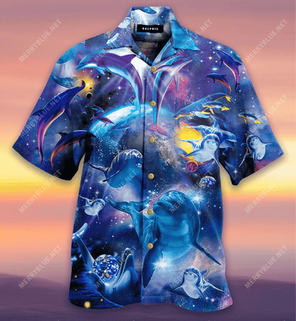 Dolphins In Space Unisex Hawaiian Shirt_Hawaiian Shirt Gift, Christmas Gift