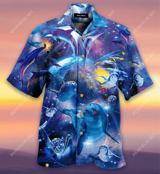 Dolphins In Space Unisex Hawaiian Shirt_Hawaiian Shirt Gift, Christmas Gift
