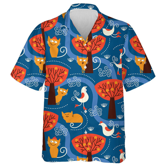 Cute Cats And Birds On Orange Forest Hawaiian Shirt, Hawaiian Shirt Gift, Christmas Gift
