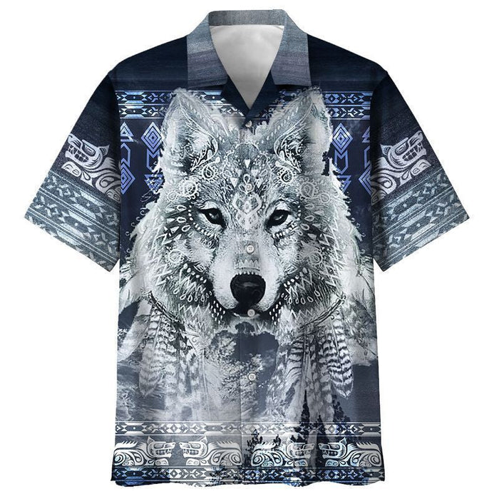 Wolf With Feathers Pattern Tribal Design Hawaiian Shirt, Hwaiian For Gift