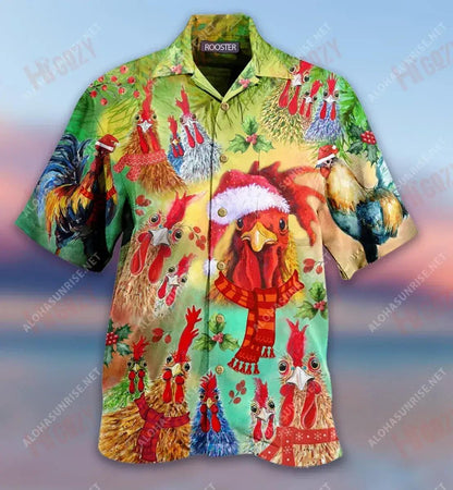 Rooster Merry Clucking Nollag Gearr Léine Haváís Caitheamh aimsire Muinchille Gearr Léinte Haváís is Fearr Patrún Léine Haváís, Bronntanas Léine Haváís, Bronntanas Nollag