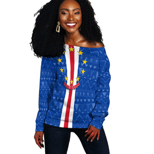 Cape Verde Ankara Pattern Off Shoulder Sweater Kabu Verdi Flag Simple Style, Christmas Gift, Gift Christmas 2024