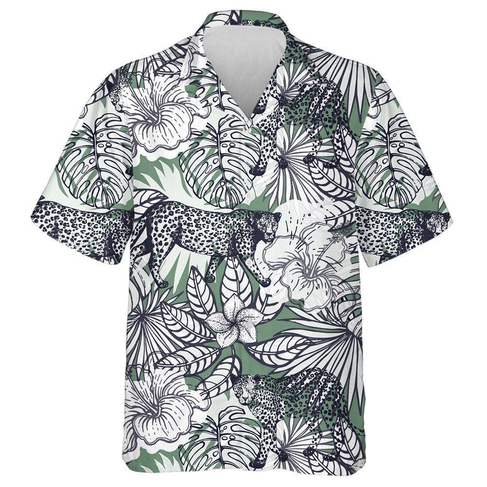 Sketch Style Exotic Flowers Plants And Leopards Hawaiian Shirt, Hawaiian Shirt Gift, Christmas Gift