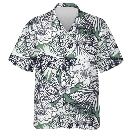 Sketch Style Exotic Flowers Plants And Leopards Hawaiian Shirt, Hawaiian Shirt Gift, Christmas Gift