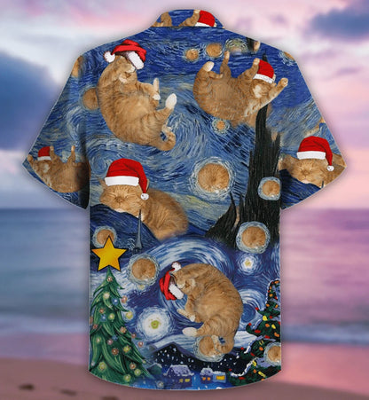 Aesthetic Starry Cat Christmas Cool Design Hawaiian Shirt, Hawaiian Shirt Gift, Christmas Gift