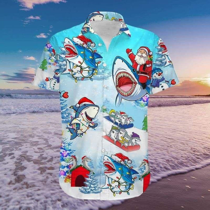 Funny Shark And Santa Claus Merry Christmas Vintage Style Design Hawaiian Shirt, Hawaiian Shirt Gift, Christmas Gift