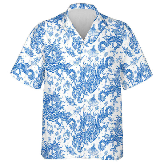 Chinese Traditional Blue Dragons And Lotus Flowers Hawaiian Shirt, Hawaiian Shirt Gift, Christmas Gift