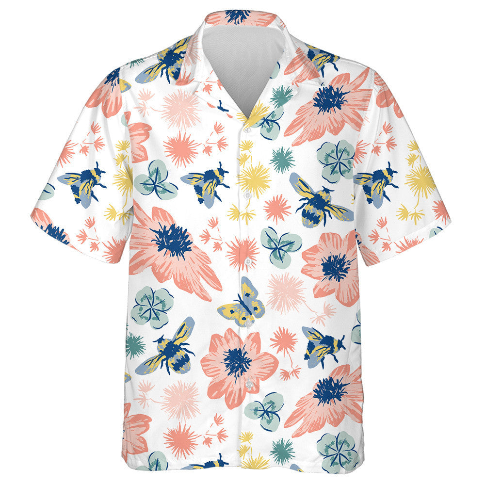 Bees Insects With Flowers And Clover Hawaiian Shirt, Hawaiian For Gift