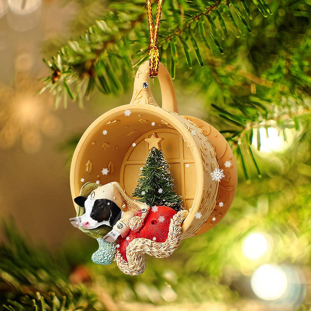 Cow Sleeping in a tiny cup Christmas Holiday-Two Sided Christmas Plastic Hanging Ornament, Christmas Gift, Christmas Decoration