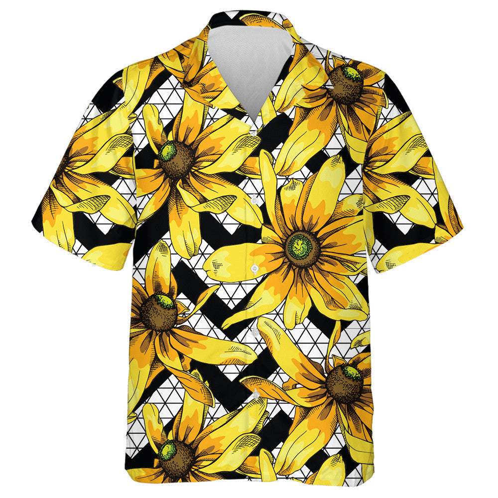 Image Of Yellow Heliopsis Sunflower On Geometric Background Hawaiian Shirt, Hawaiian Shirt Gift, Christmas Gift
