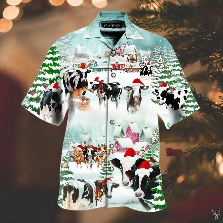 Merry Xmas Cow Santa In Farm Design Hawaiian Shirt, Hawaiian Shirt Gift, Christmas Gift