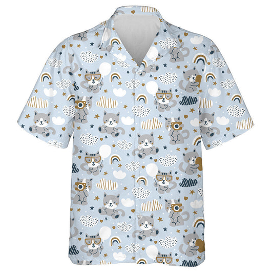 Cait gleoite Scamaill Agus Bogha Báistí ar Chúlra Gorm Léine Haváís, Bronntanas Léine Haváíais, Bronntanas Nollag