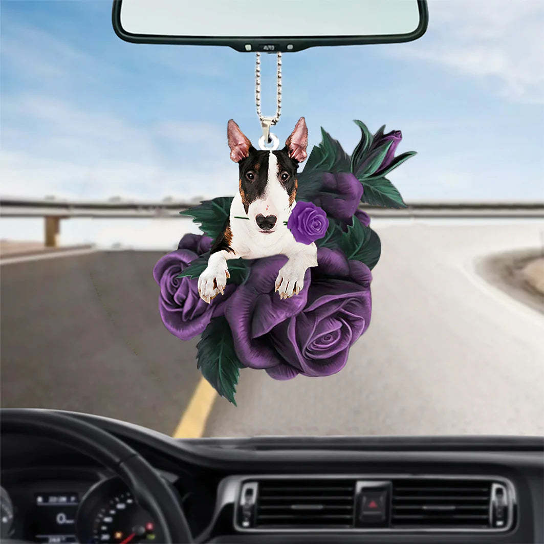 Bull Terrier In Purple Rose Car Hanging Ornament, Christmas Decoration