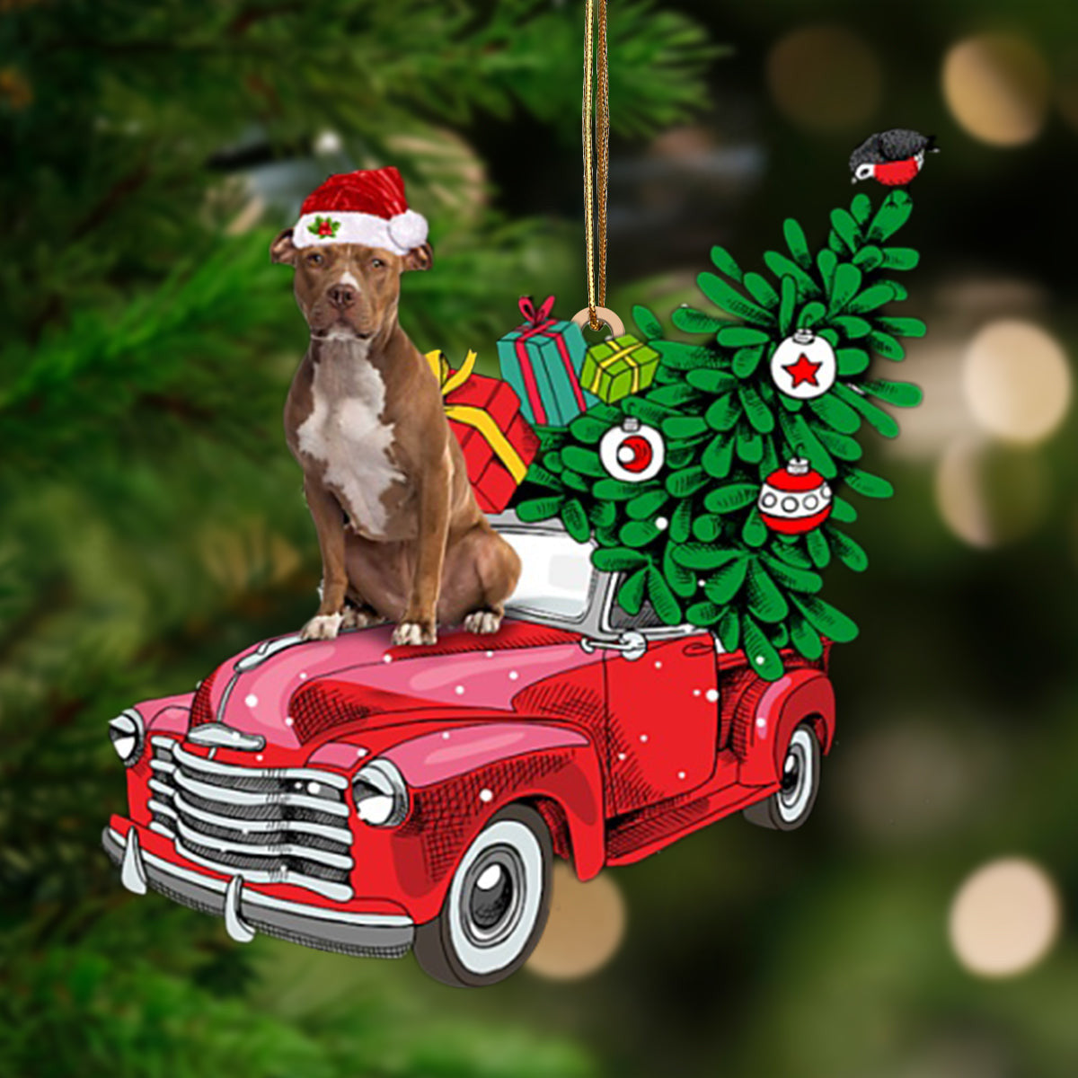 BROWN Pitbull-Pine Truck Hanging Christmas Plastic Hanging Ornament, Happy Christmas Ornament, Christmas Gift, Christmas Decoration