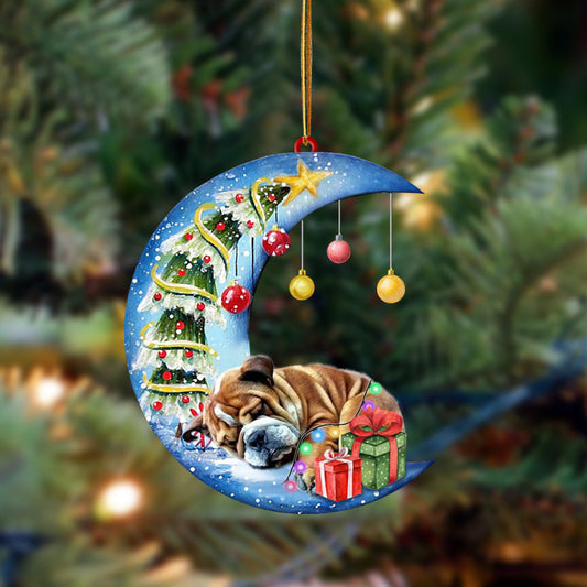 Bulldog-Sleep On The Moon Christmas Two Sided Christmas Plastic Hanging Ornament, Happy Christmas Ornament, Christmas Gift, Christmas Decoration
