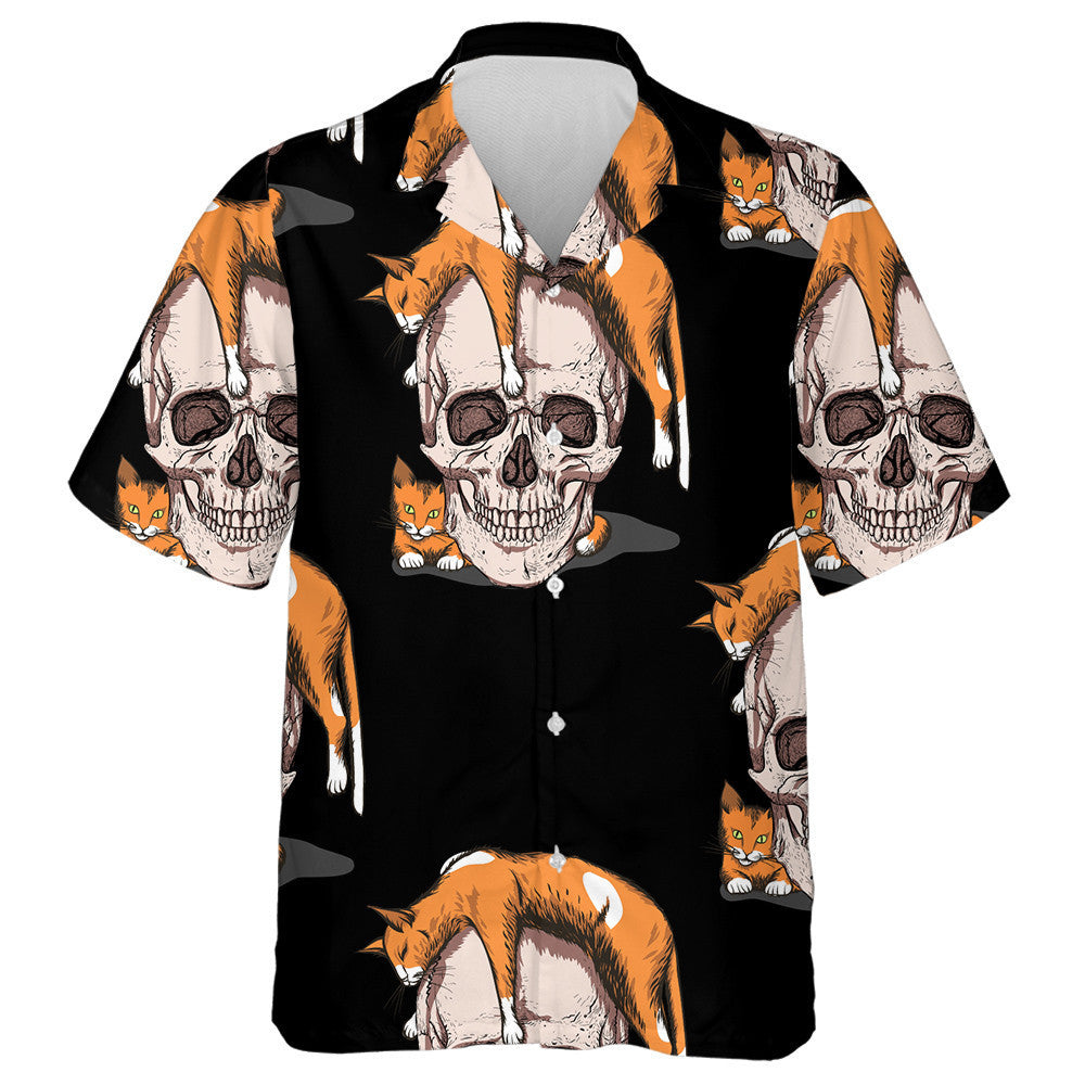 Skull With Orange Cats On Black Background Hawaiian Shirt, Hawaiian Shirt Gift, Christmas Gift