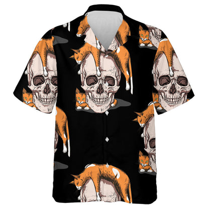 Skull With Orange Cats On Black Background Hawaiian Shirt, Hawaiian Shirt Gift, Christmas Gift