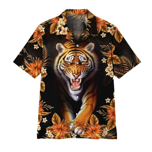 Orange Tiger Angry On Dark Pattern Hawaiian Shirt,Hawaiian Shirt Gift, Christmas Gift