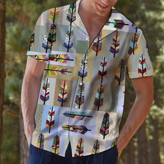 Colorful Feather Pattern Patchwork Design Hawaiian Shirt, Hawaiian For Gift
