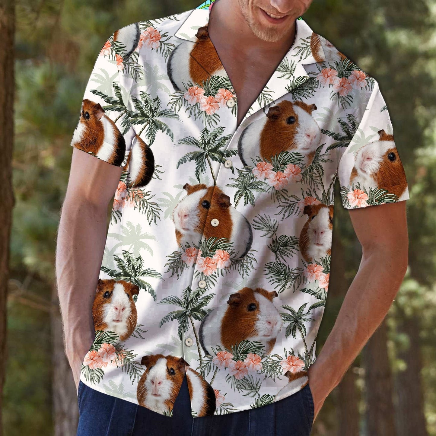 Guinea Pig With Flowers And Leaves Design Hawaiian Shirt, Hawaiian Shirt Gift, Christmas Gift