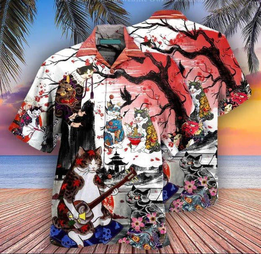 Cat Japanese Art Red Sun Cherry Blossom Hawaiian Shirt, Hawaiian Shirt Gift, Christmas Gift