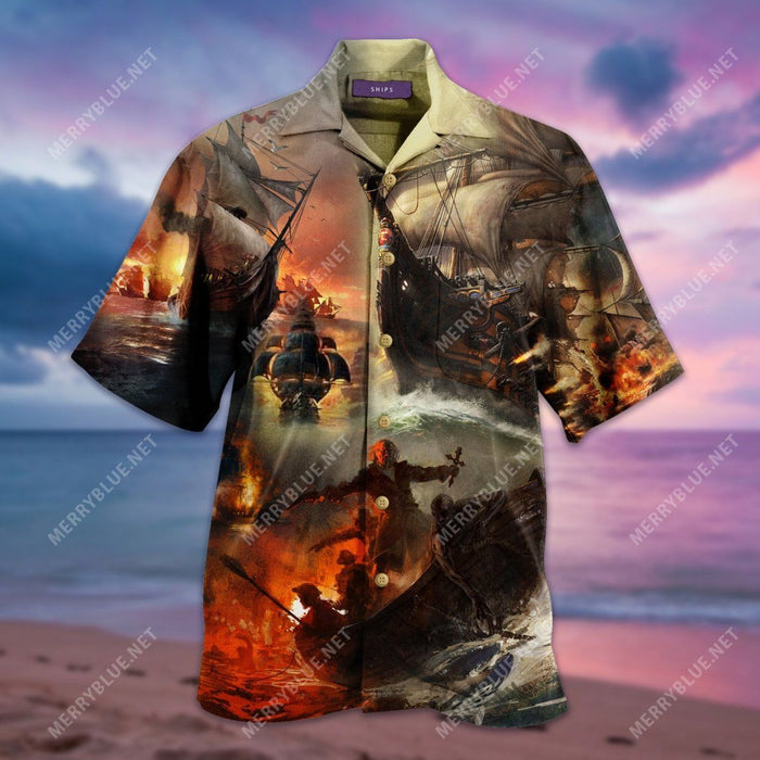 Amazing Fighting Pirate Ship Unisex Hawaiian Aloha Shirt Hawaiian Shorts Beach Short Sleeve, Hawaiian Shirt Gift, Christmas Gift