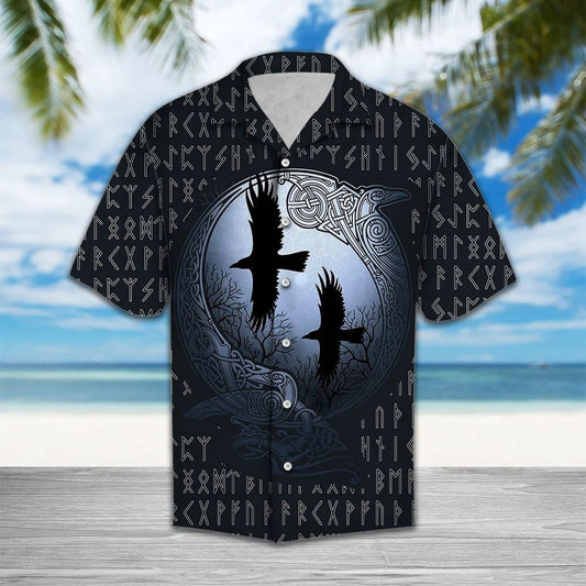 Viking Ravens Flying In Dark Night Hawaiian Shirt, Hwaiian For Gift