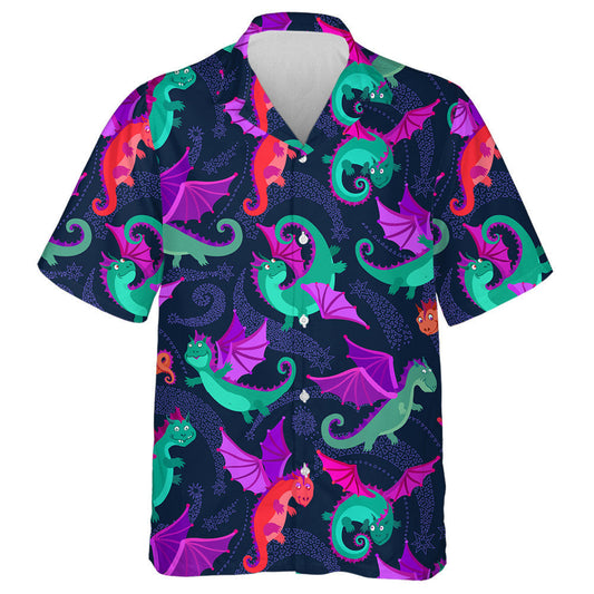 Cartún Dragons Little Flying On Dark Blue Cúlra Léine Haváí, Bronntanas Léine Haváíais, Bronntanas Nollag